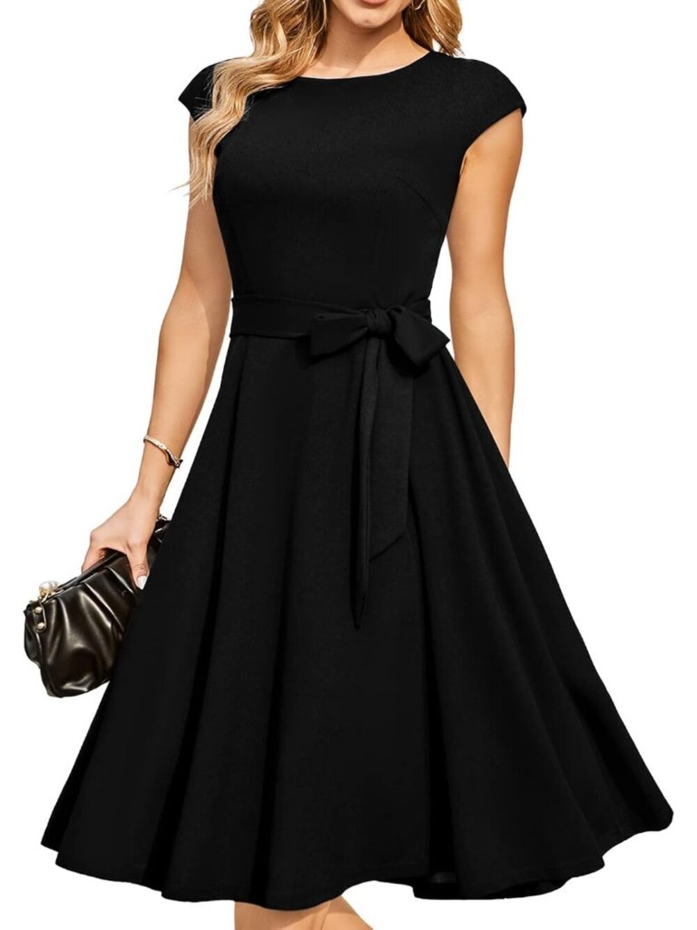 Women's Black Cocktail A-line Detachable Belt Formal Wedding Guest Party Dresses